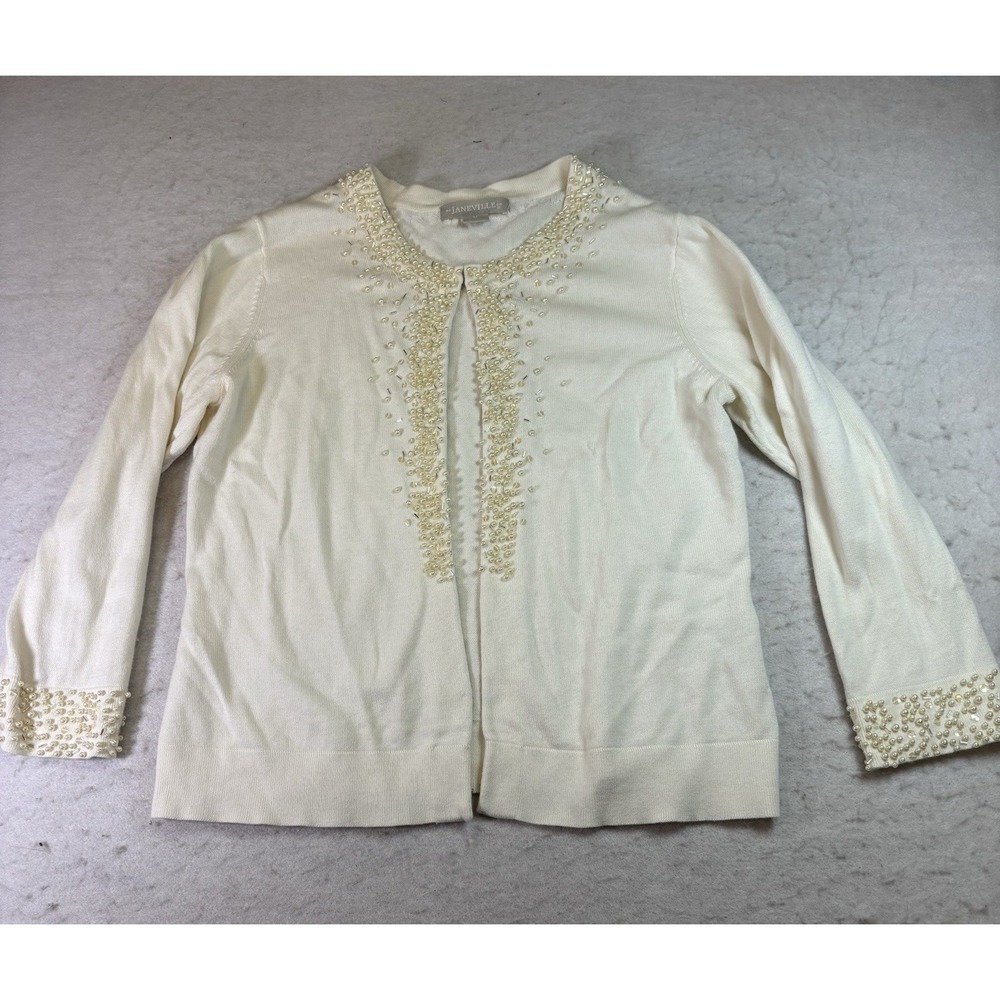 VTg Janeville Cream Pearl & Beaded Cardigan Sweater Women's S/M Cotton